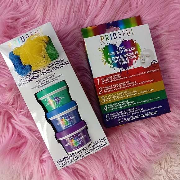 Pride 9 piece beauty set! 5 diff face masks, 3 body scrubs & rainbow fluff poof! - Picture 1 of 7